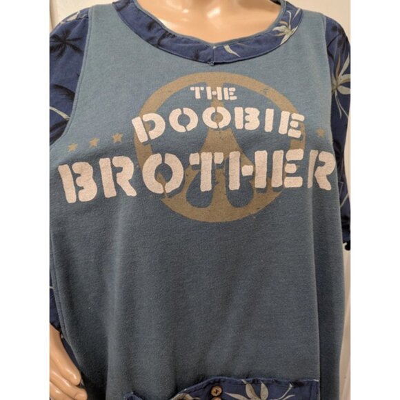 Upcycled Doobie Brothers Kaftan Top Ponch Top Graphic Boho Hippie One Size Blue - Picture 5 of 8